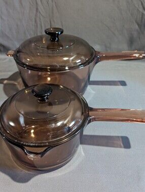 Vtg Corning Visions 4 Pc Saucepan Set With Lids 1L and 2.5 L  Amber Cookware